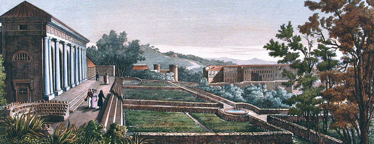 View of the monumental greenhouse, now Merola greenhouse, of the Botanical Garden of Naples. Copperplate engraving, attributed to Giacinto Gigante, taken from the "Corografia Fisica, Storica, Statistica dell'Italia (1835-45)" by Attilio Zuccagni Orlandini.